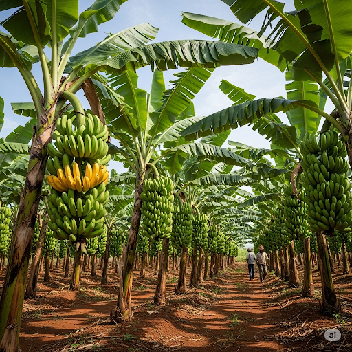 Plantation de bananes plantains et régimes mûrs