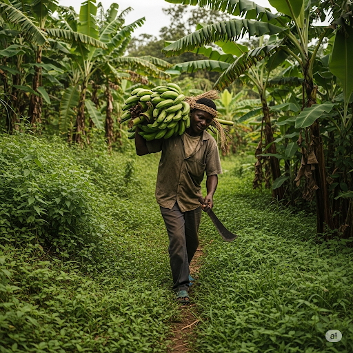 Récolte et transport de régimes de bananes plantains